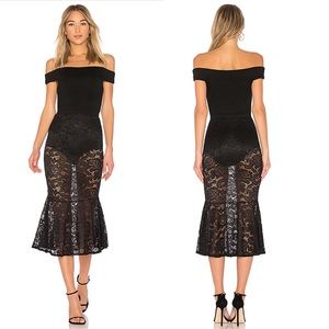 MAJORELLE Off-Shoulder Black Lace Midi Dress
